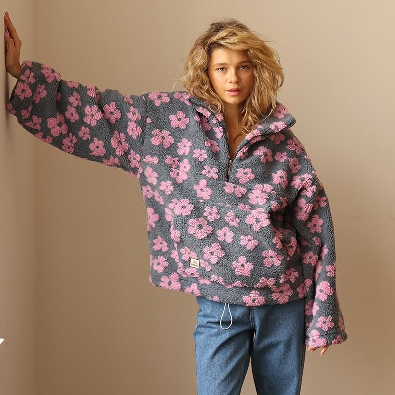 Sanne - Fleece Sweater with Long Sleeves and Floral Print